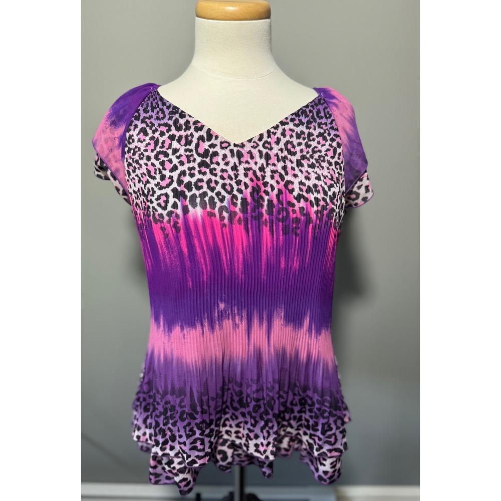Y2K Colorful ombré Leopard Print Pleated Ruffle Short Sleeve Shirt Size Large